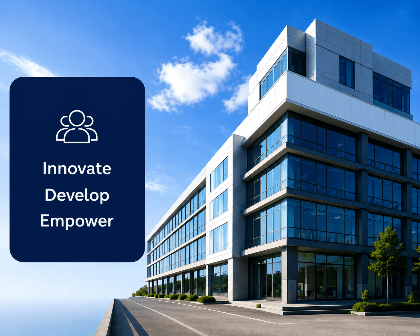 Modern Ezeera office building with the Innovate, Develop, Empower motto