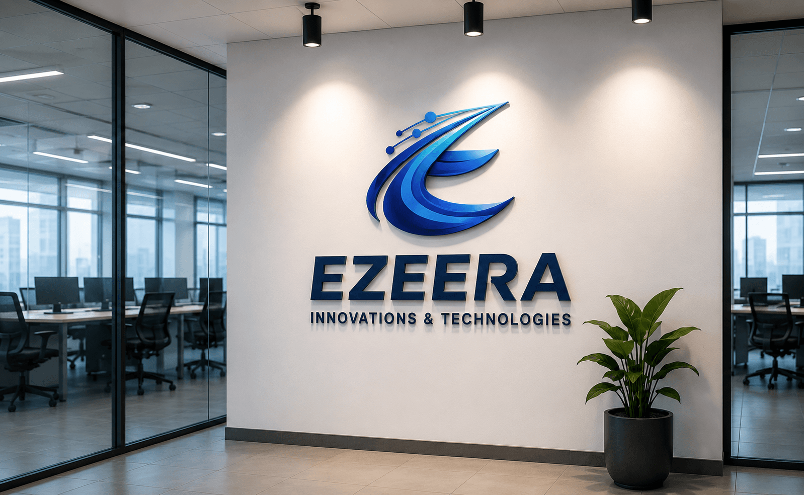 Ezeera office reception with the company logo on the wall